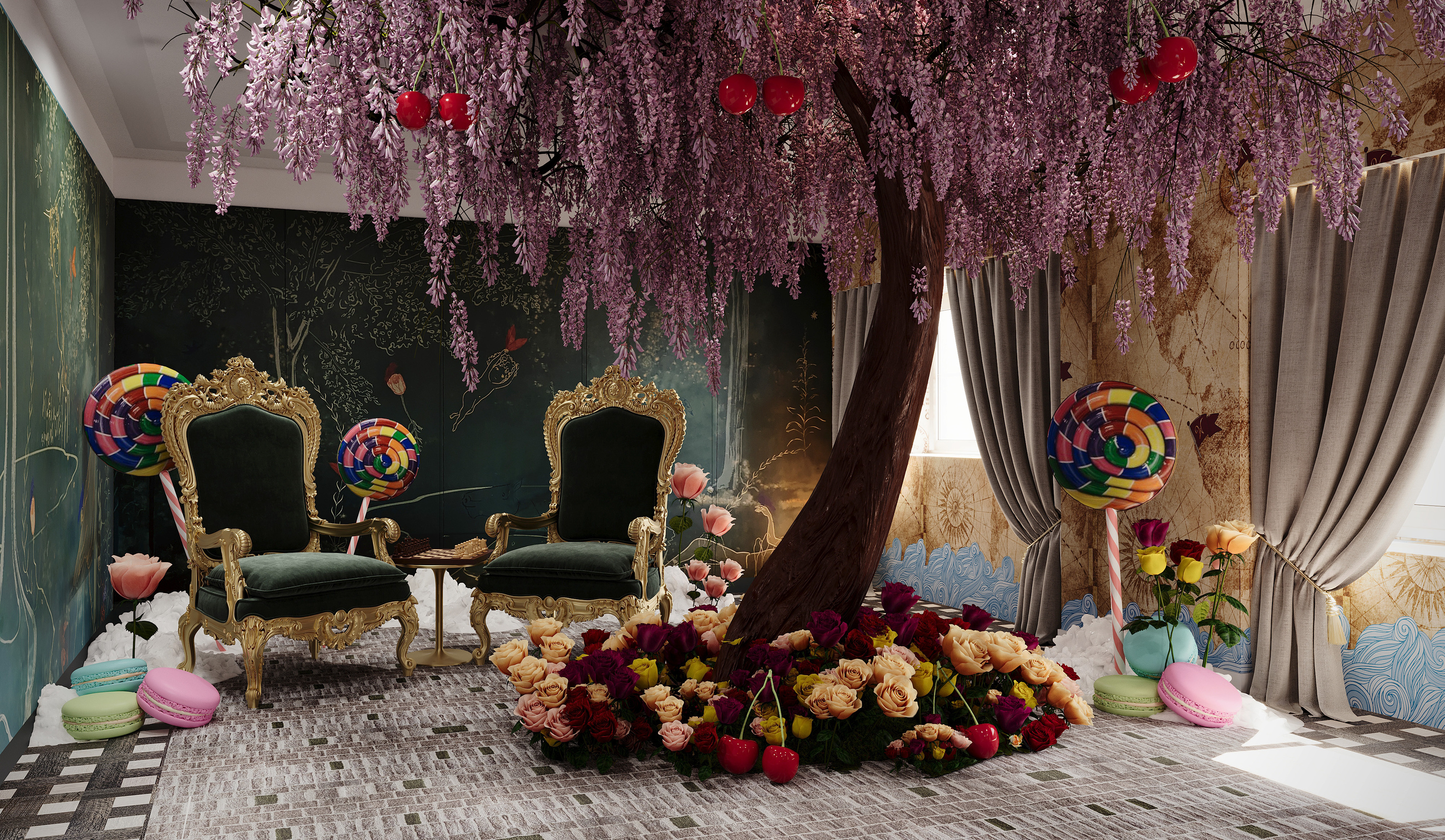 Booking.com et la suite Wonka de Park Lane New York avec une réplique d'arbre et des trônes